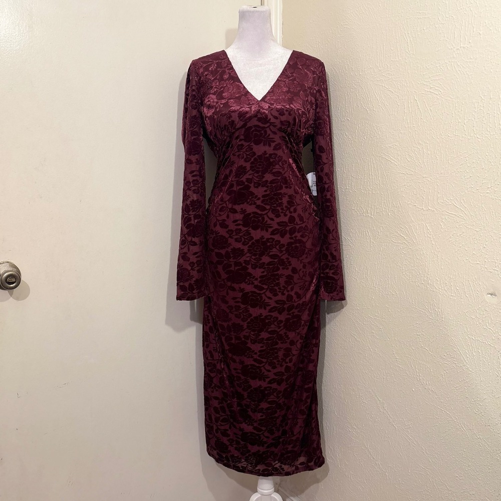 NWT Burgundy Red Burnout Velvet Floral Long Sleeve Midi Dress Small  Boho